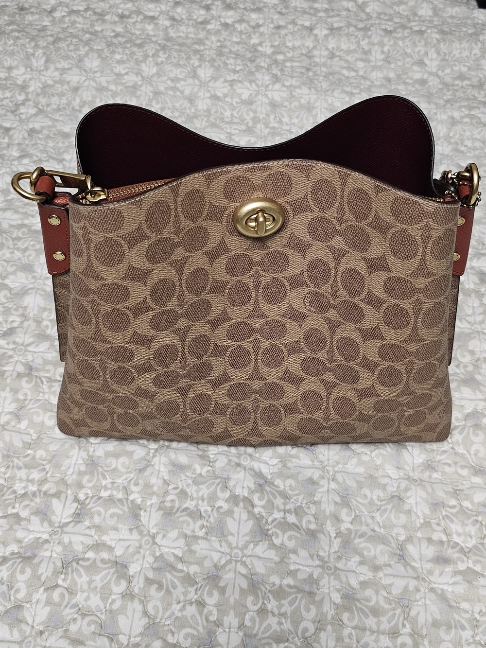 Coach Signature Canvas Saddle Bag in Brown with Maroon Interior